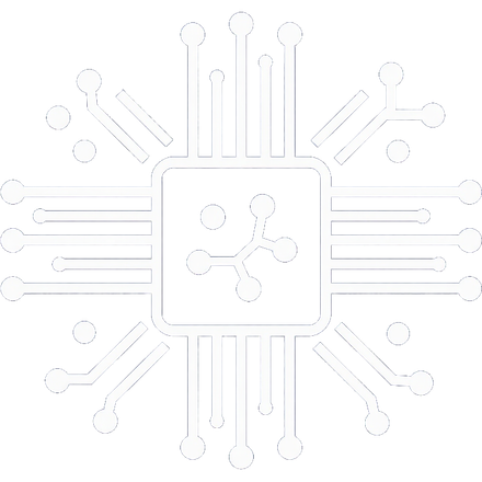 Icono blanco abstracto de una placa de circuito, con un microchip central y nodos conectados que irradian hacia el exterior.