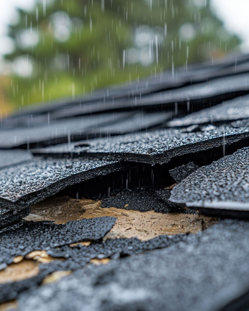 Tuiles de toit endommagées par la pluie.