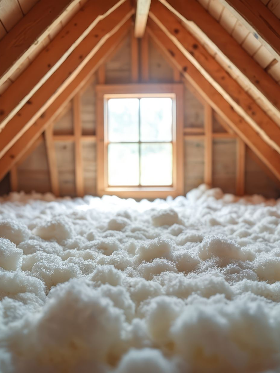 Intérieur du grenier avec une isolation blanche abondante.
