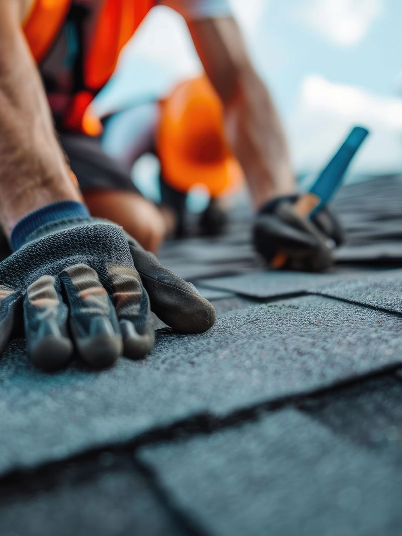 Un couvreur pose des bardeaux d'asphalte gris sur un toit.