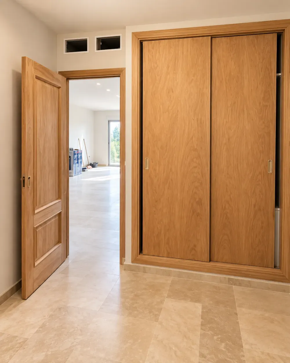 Entrada de madera con la puerta abierta, armario empotrado y suelo de baldosas que da a una habitación luminosa.