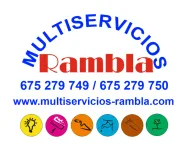 Logotipo de Multiservicios Rambla con n&uacute;meros de tel&eacute;fono, sitio web e iconos de servicios sobre un fondo blanco