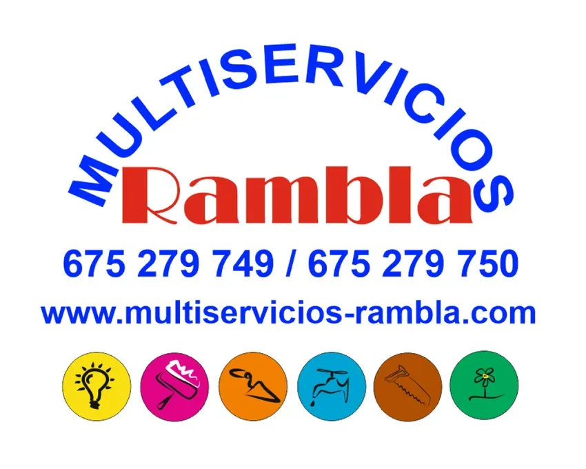 Logotipo de Multiservicios Rambla con números de teléfono, sitio web e iconos de servicios sobre un fondo blanco