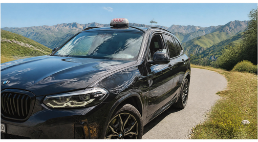 Un taxi BMW gris foncé stationné sur un chemin.