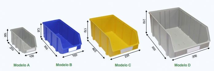 Quatro caixas de armazenamento de plástico em ordem crescente de tamanho