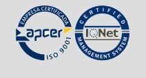 Logotipos da empresa certificada pela APCER ISO 9001 e da certificação do sistema de gestão IQNet em fundo claro.