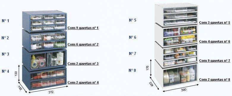 Duas pilhas de gavetas de armazenamento modulares com compartimentos de tamanhos variados