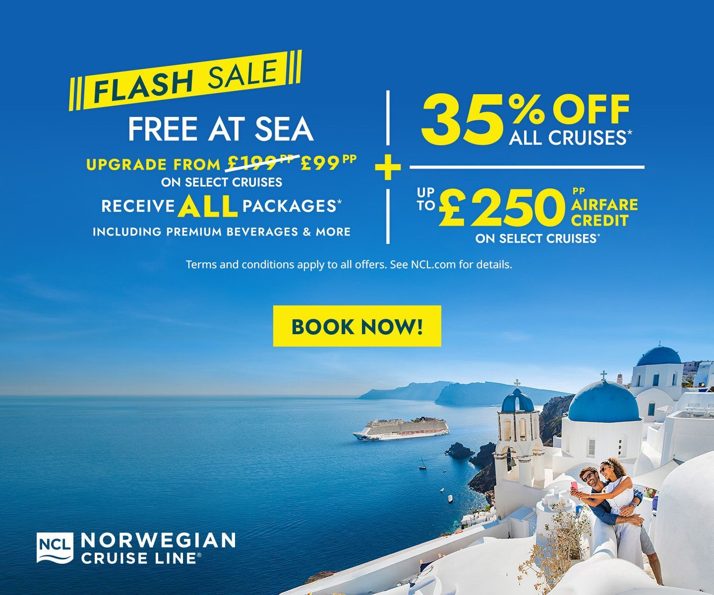 An advertisement for the norwegian cruise line shows a couple hugging in front of the ocean