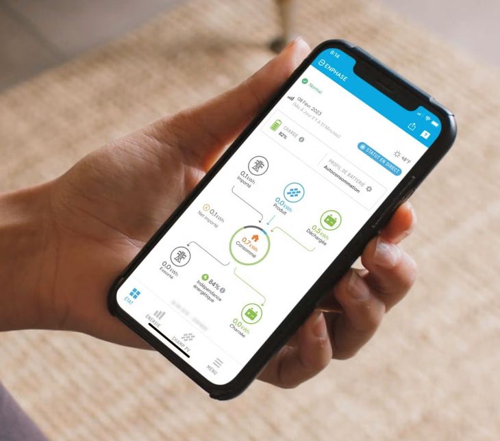 Main tenant un smartphone affichant une application de santé avec un diagramme de flux composé d'icônes vertes et orange