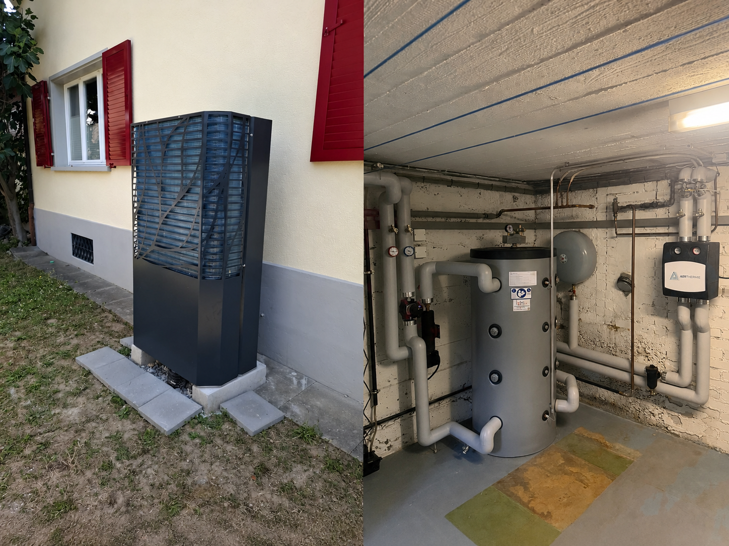 Aussengerät der Klimaanlage neben einem Haus, im Keller befindet sich ein Hauswirtschaftsraum mit Warmwasserbereiter und Rohrleitungen.