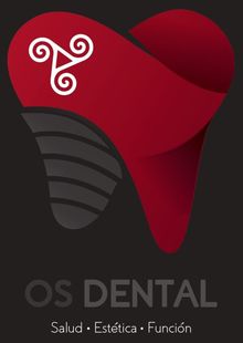 Logotipo de OS Dental con un gráfico de un diente rojo y detalles grises sobre un fondo oscuro.