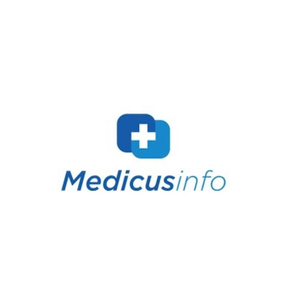 Logo di Medicusinfo con icona a croce medica blu su sfondo bianco.