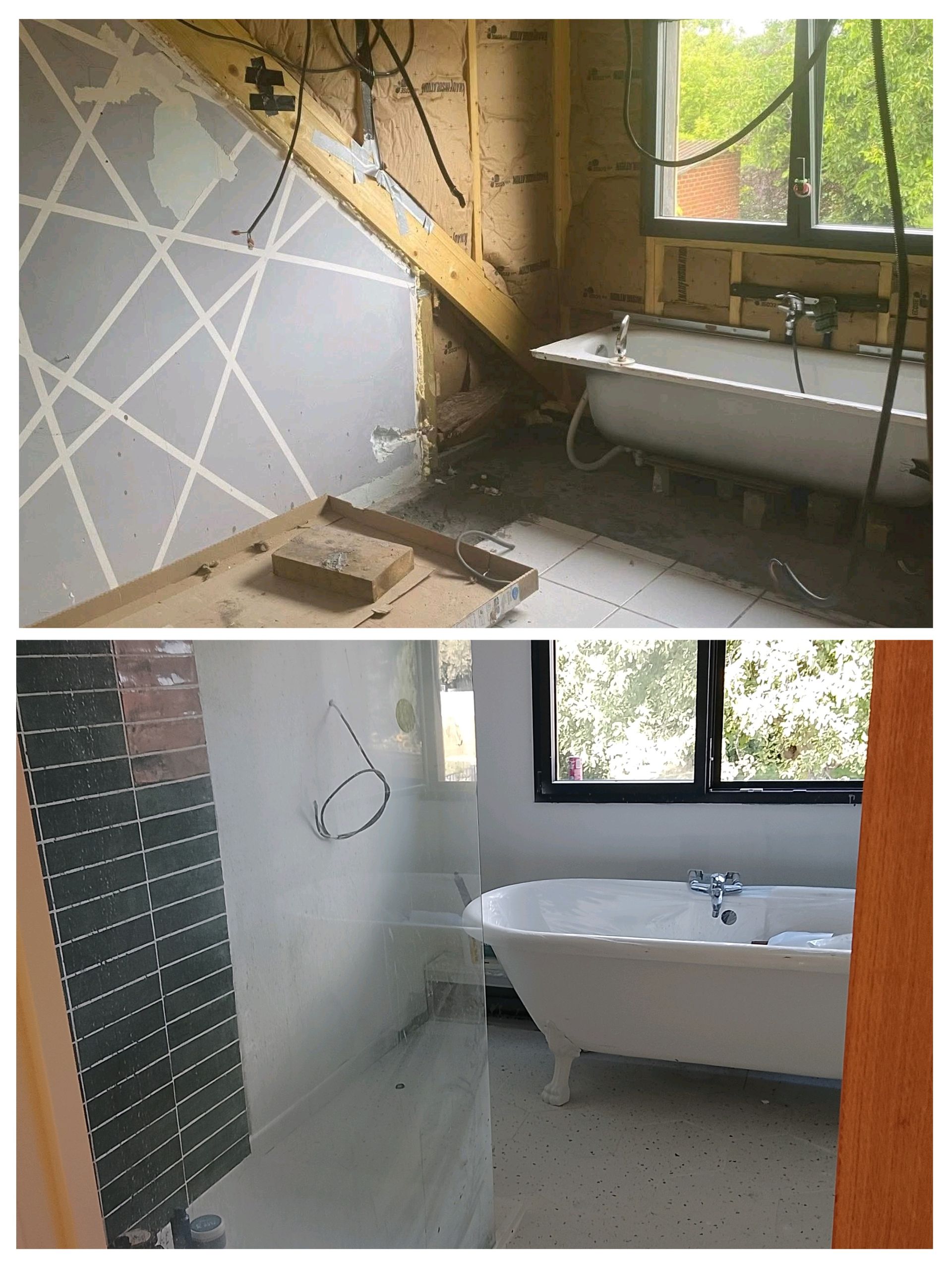 Rénovation de salle de bains : photos avant/après. En haut : espace brut avec baignoire. En bas : salle de bains rénovée avec baignoire.