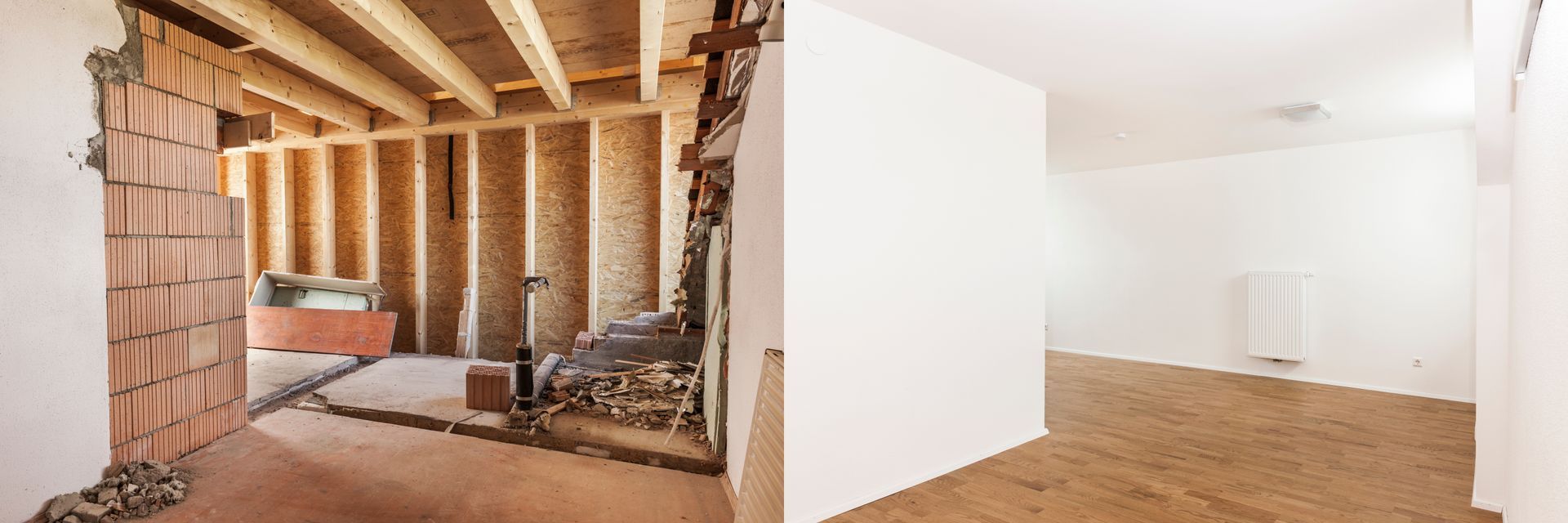 Rénovation en cours : briques apparentes et charpente en bois dans une pièce, murs et sol blancs terminés dans l’autre.