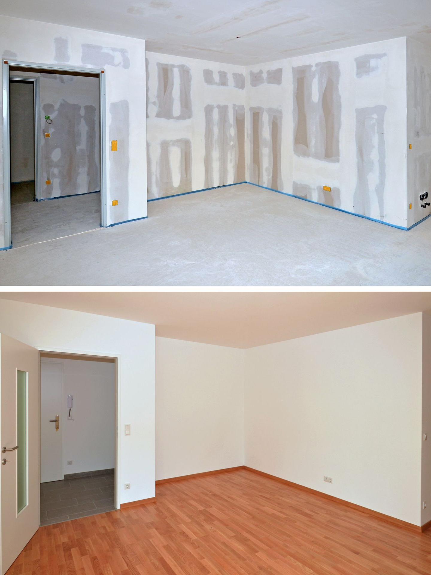 Pièce en rénovation ; cloisons sèches et murs non finis contrastent avec une pièce finie, avec parquet et murs blancs.