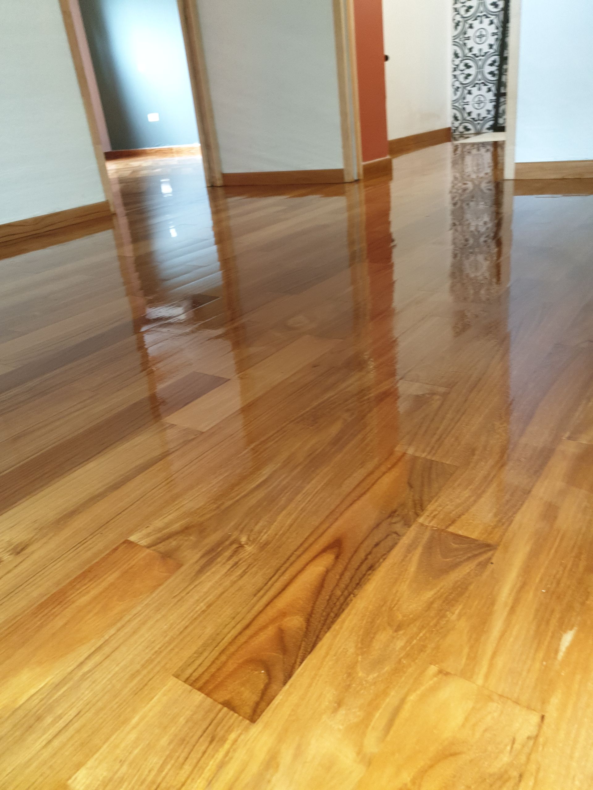 Sol en bois brillant reflétant la lumière dans un couloir vide avec des portes