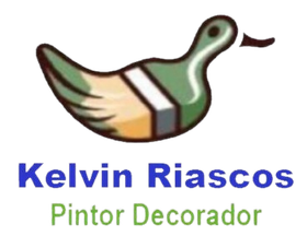 Logotipo de Kelvin Riascos, pintor y decorador, con un pincel verde en forma de pato. El texto es azul y verde.