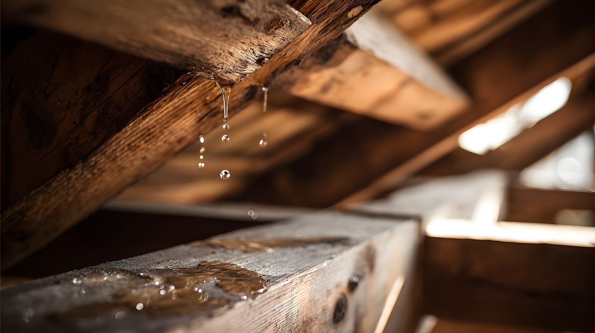 De l'eau s'infiltre à travers les poutres en bois du toit et tombe sur une surface dans un grenier sombre.