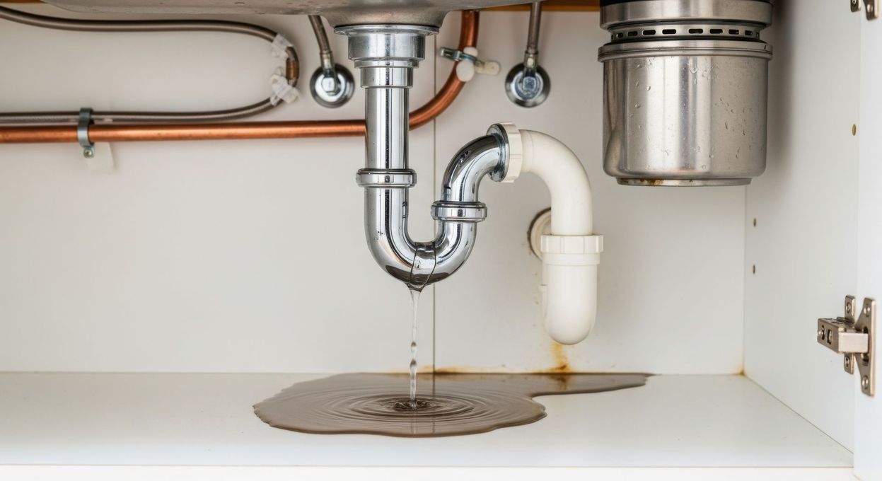 Plomberie sous l'évier avec tuyaux métalliques, tuyau d'évacuation blanc et une tache de fuite sur le fond du meuble