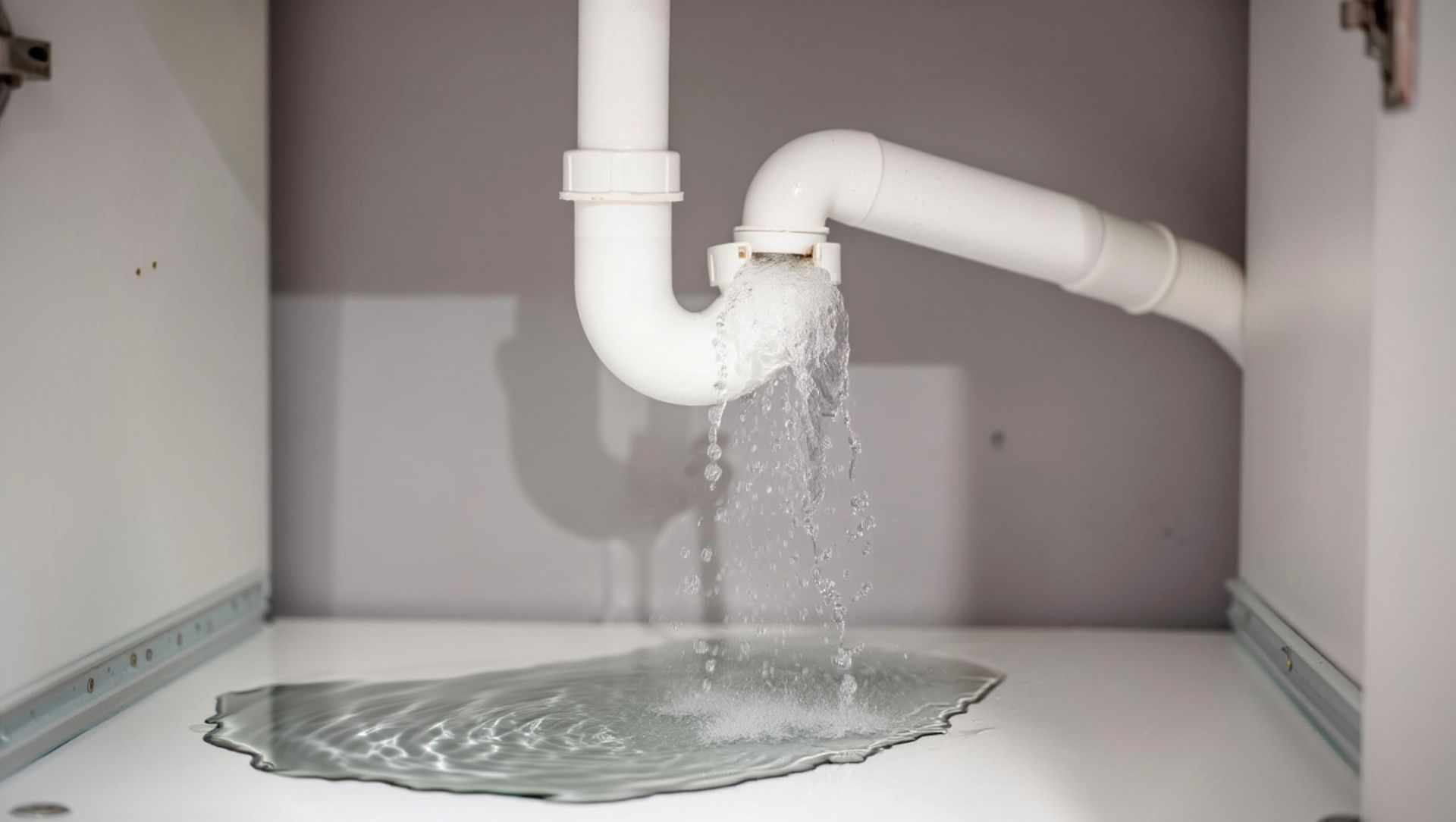 Fuite d'un tuyau blanc sous un évier, l'eau s'accumulant sur le fond du meuble.