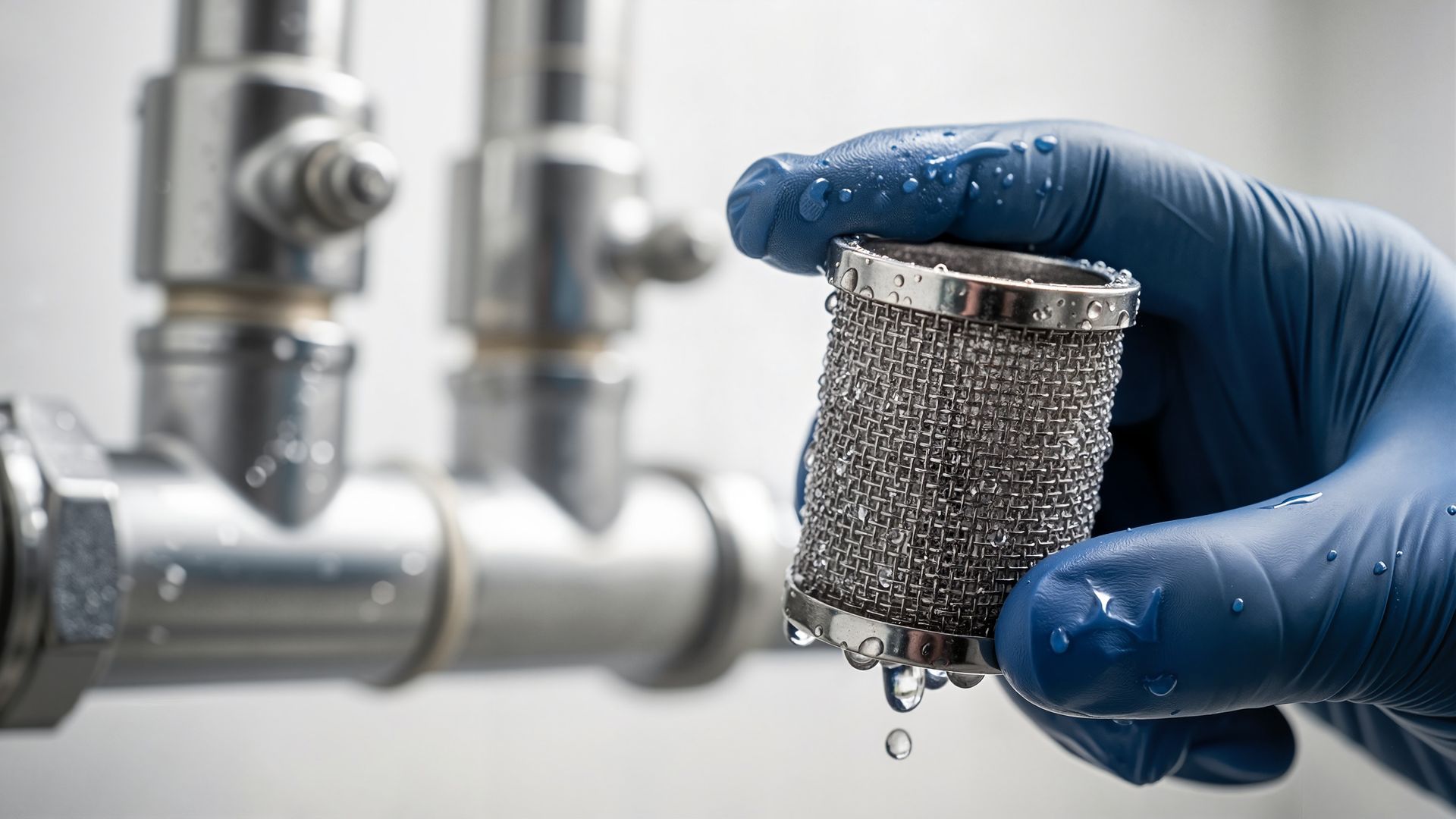 Main gantée de bleu tenant un filtre métallique cylindrique sous un robinet.