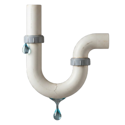 Tuyau blanc en forme de U présentant une fuite, de l'eau bleue s'écoulant du bas et du côté.