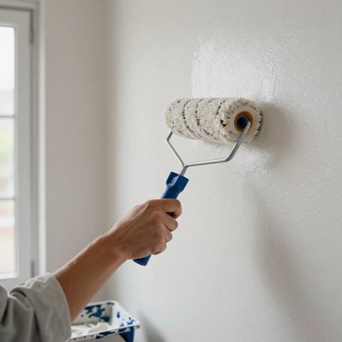Aplicando pintura blanca a mano en una pared con un rodillo de pintura