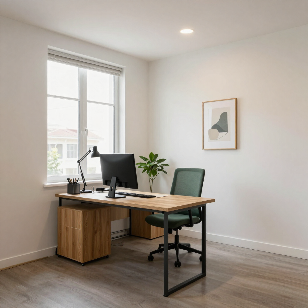 Oficina en casa minimalista con escritorio de madera, computadora, silla, lámpara, planta y una obra de arte enmarcada junto a una ventana luminosa