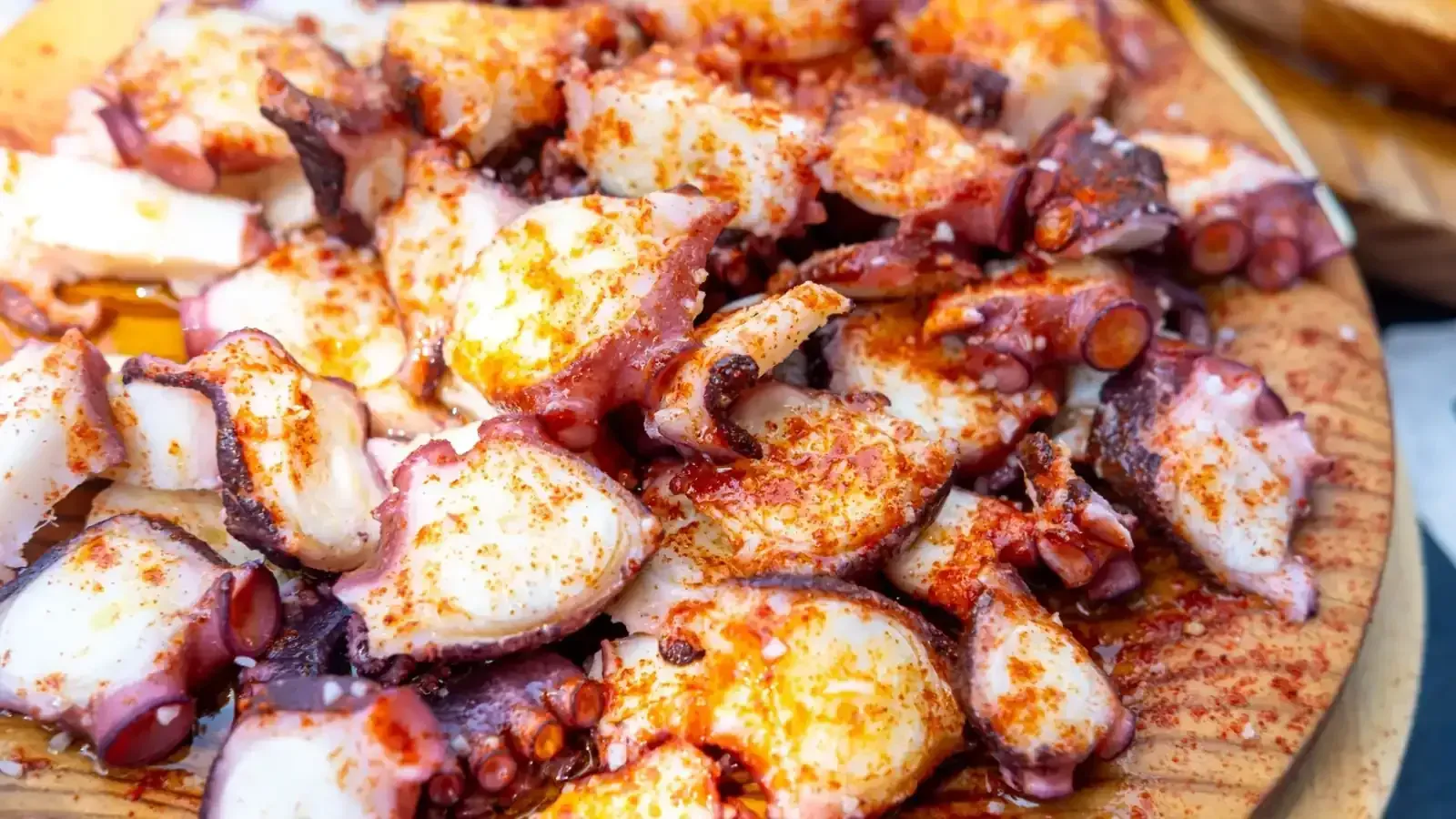 Plato de trozos de pulpo a la parrilla sazonados con pimentón y aceite sobre una tabla de madera.