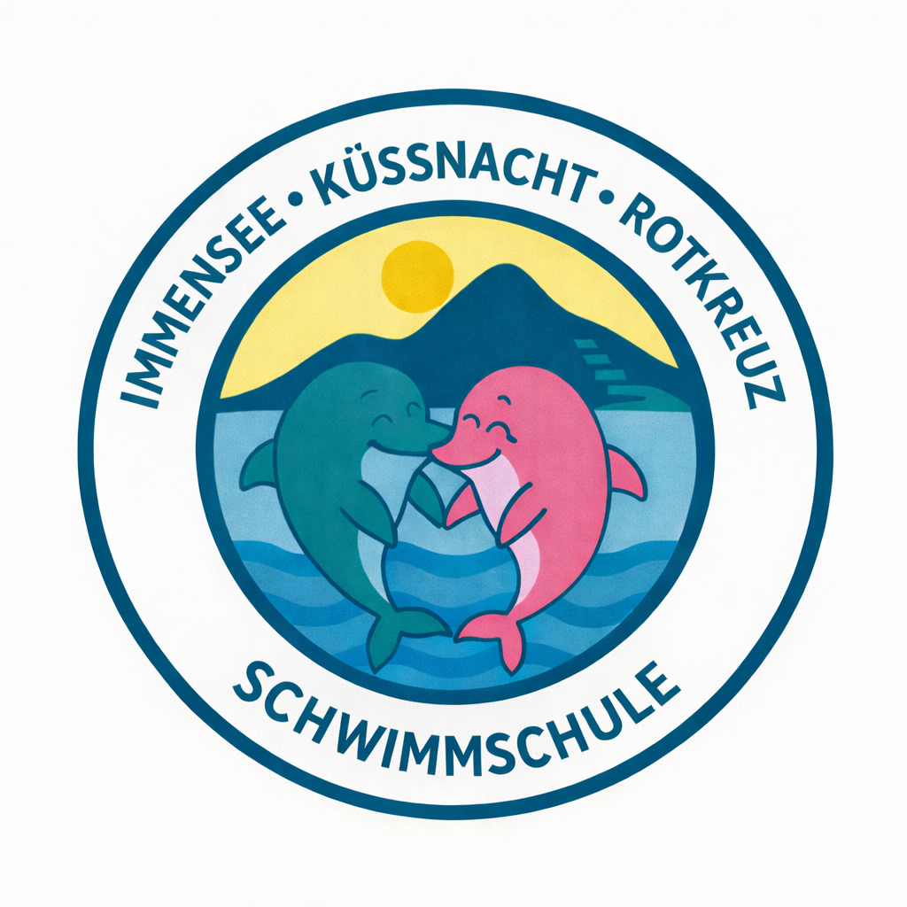 Logo: Two cartoon dolphins in water, mountain backdrop, sun,