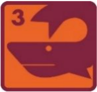 Grafik in Orange und Burgunderrot mit einer stilisierten Walform und der Zahl „3“ in einem Quadrat.