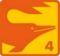 Logo in Orange und Gelb mit einem stilisierten Delfin in einem Quadrat, die Zahl 4 in der Ecke.