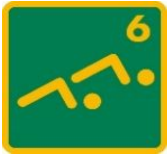 Grünes Quadrat mit goldenen Ziffern „6“ und abstrakter Figur einer Person, die Gymnastik ausführt.