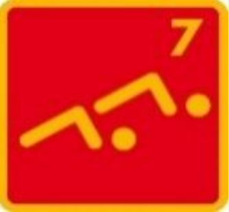 Rotes Quadrat mit gelbem Rand. Gelbe Figuren in gymnastischer Pose; eine „7“ in der oberen rechten Ecke.