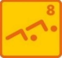 Orangefarbenes Quadrat, orangefarbene Figur, die Liegestütze macht, Nummer 8 in der Ecke.