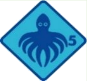 Blauer Diamant mit einem dunkelblauen Oktopus und der Zahl 5.