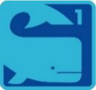 Blaues Quadrat mit einem stilisierten Wal; kleine „1“ oben rechts.