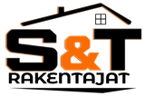 S&T Rakentajat -logo mustalla ja oranssilla tekstillä sekä katon ääriviivo pienellä ikkunalla