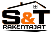 S&T Rakentajat -logo mustalla ja oranssilla tekstillä sekä katon ääriviivo pienellä ikkunalla
