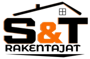 S&T Rakentajat -logo mustalla ja oranssilla tekstillä sekä katon ääriviivo pienellä ikkunalla