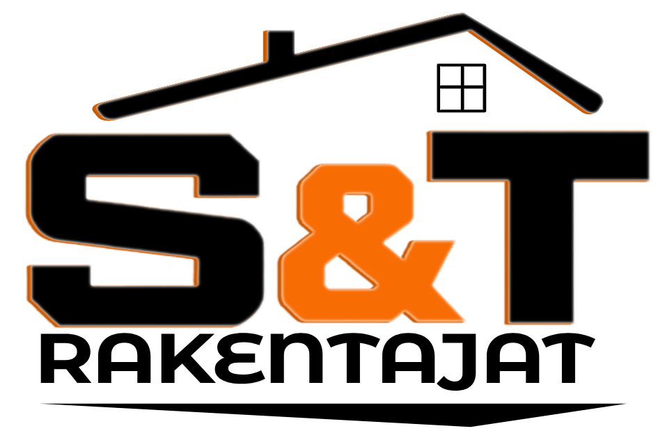 S&T Rakentajat -logo mustalla ja oranssilla tekstillä sekä katon ääriviivo pienellä ikkunalla