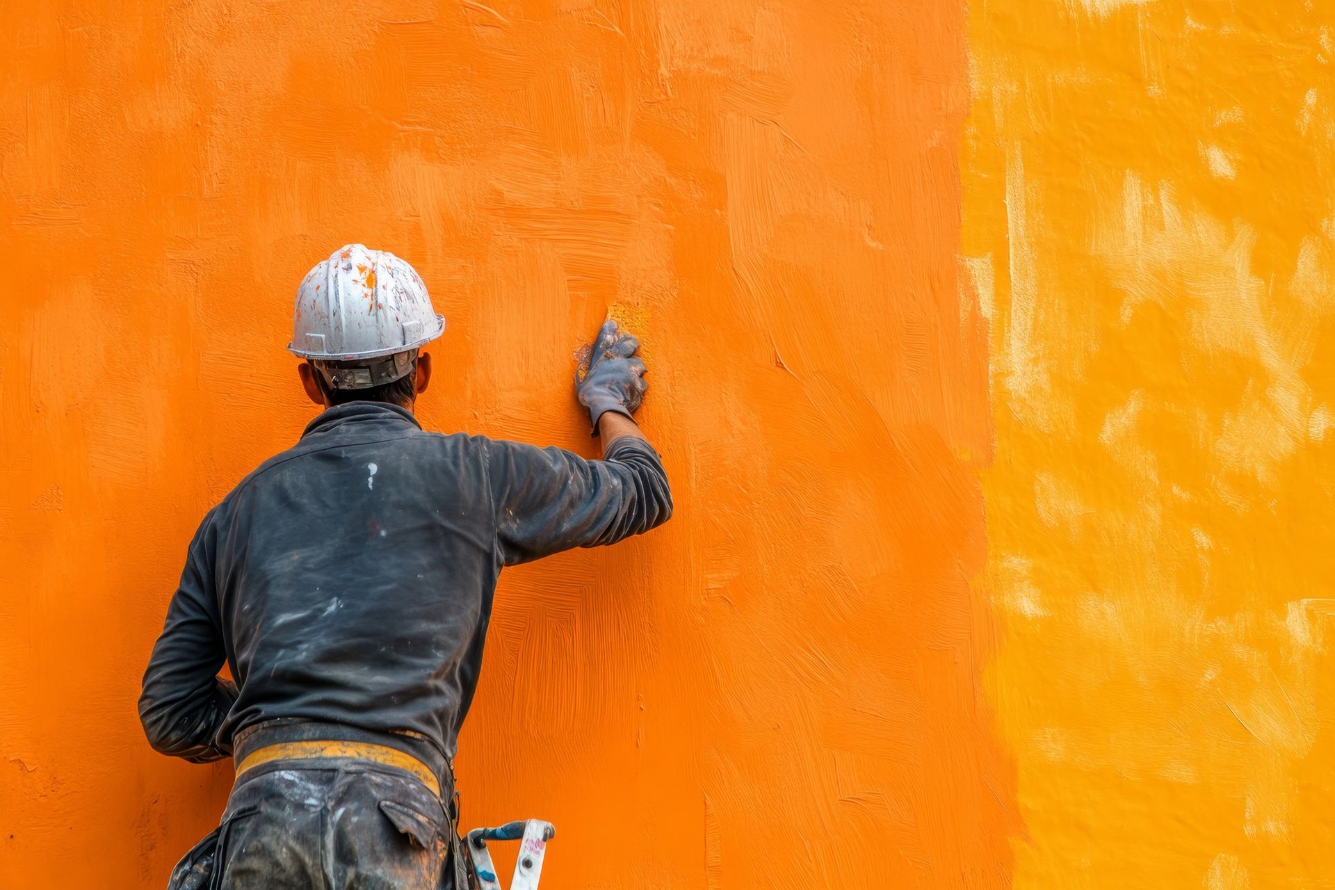 Un hombre está pintando una pared naranja con una espátula.