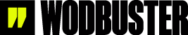 Logotipo de WODBUSTER con comillas amarillas sobre fondo negro. Fuente negra en negrita.