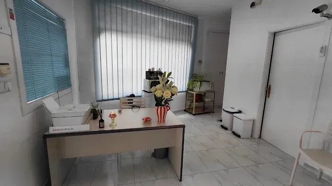 Vestíbulo de oficina luminoso con un escritorio, flores, sillas y grandes ventanales con persianas.