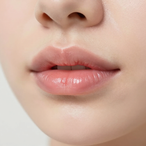 Primer plano de labios y nariz rosados y brillantes en un rostro de piel clara.