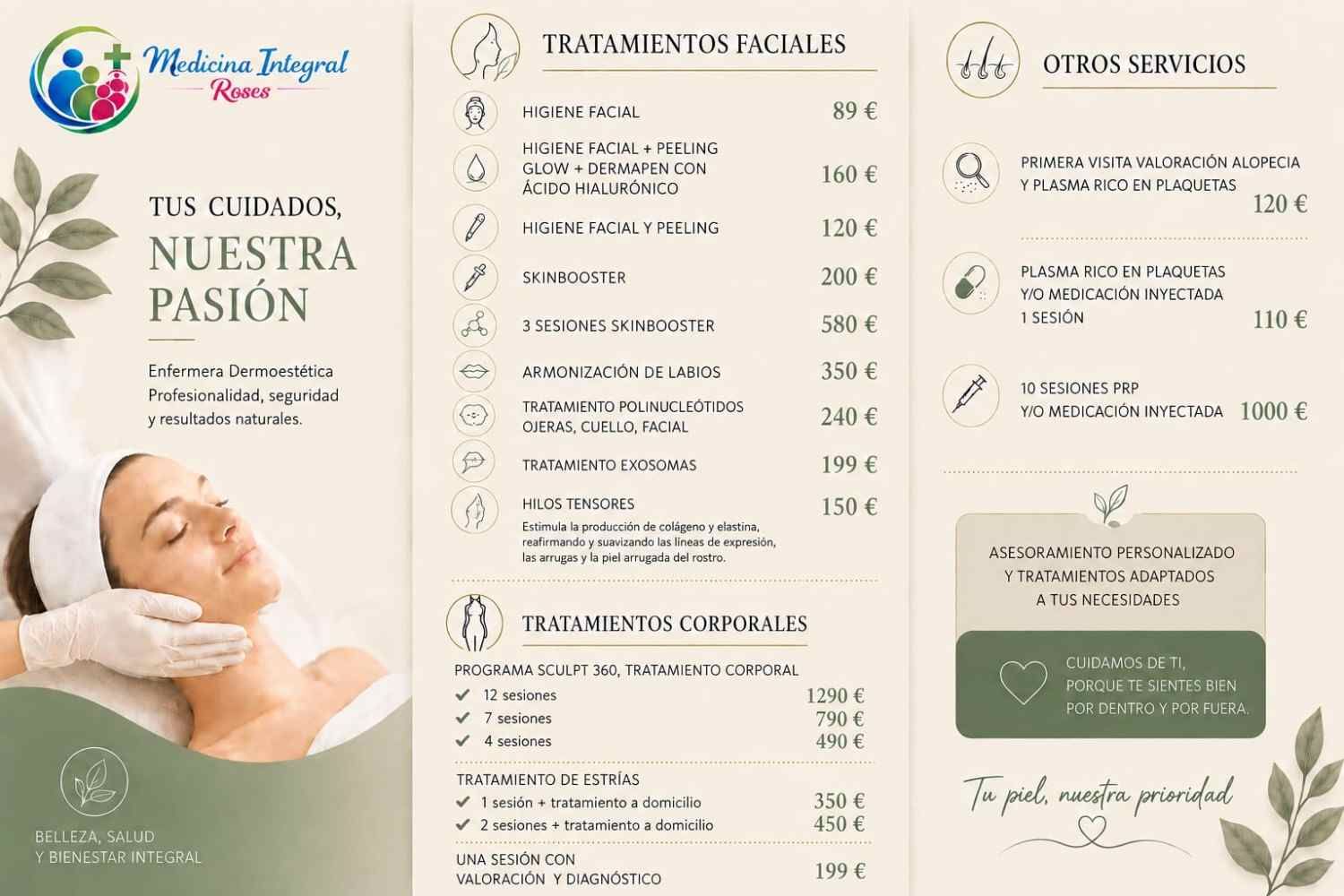 Cartel informativo sobre los servicios y precios de la clínica Medicina