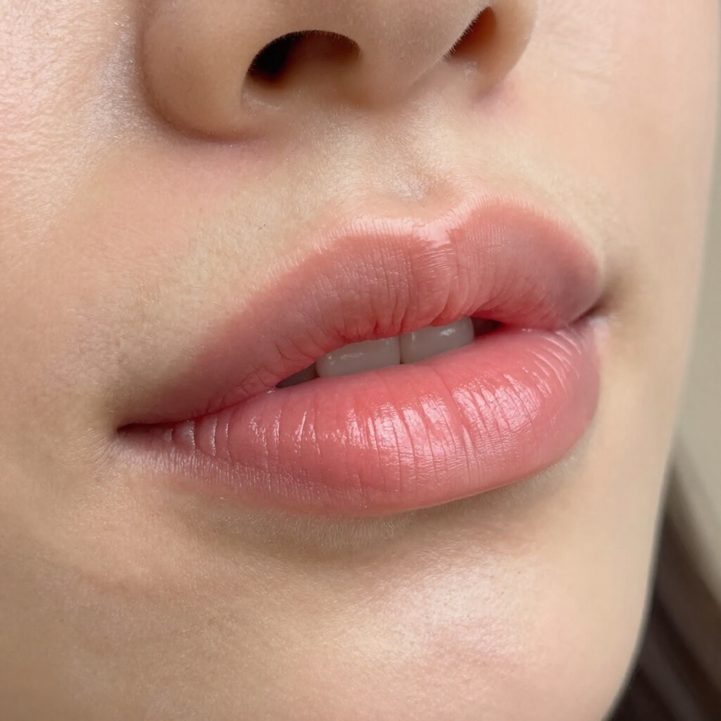 Primer plano de labios y nariz rosados ​​y brillantes en un rostro de tono de piel claro.