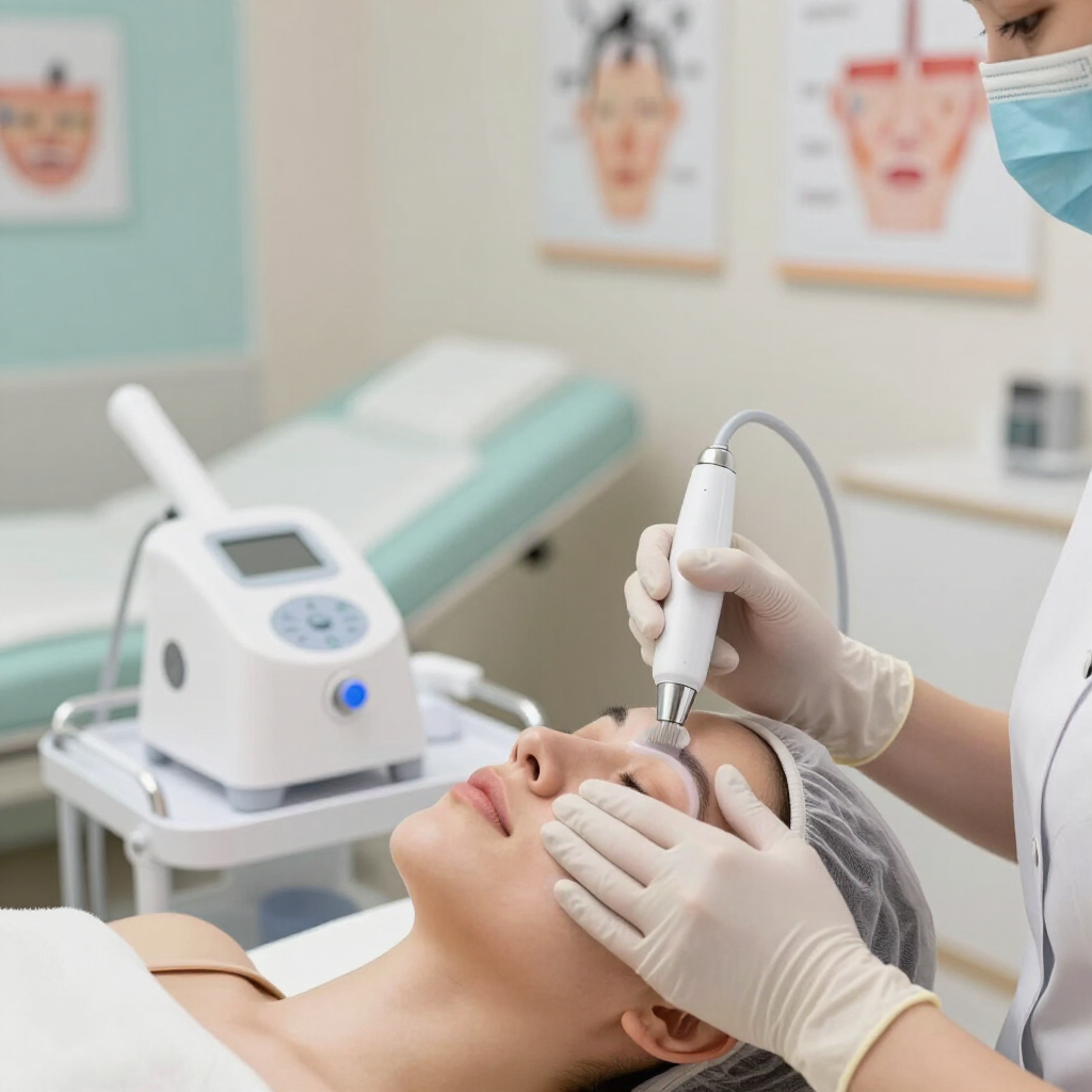 Esteticista utilizando un aparato facial en una clienta en una sala de tratamientos de spa.