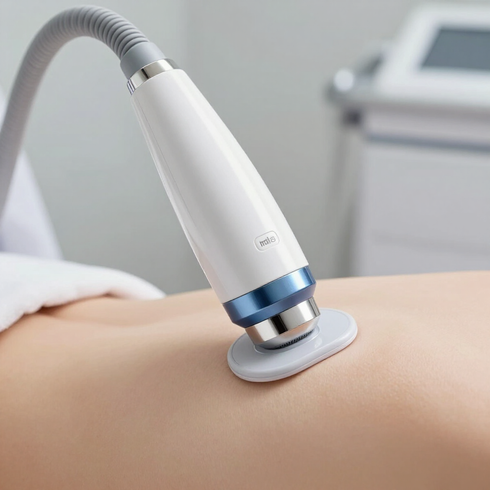 Dispositivo blanco de mano para esculpir el cuerpo sobre la piel durante una sesión de tratamiento.