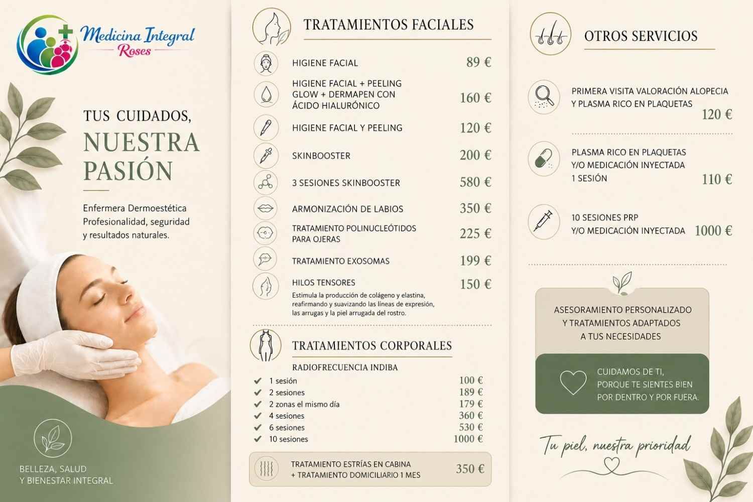 Cartel informativo sobre los servicios y precios de la clínica Medicina